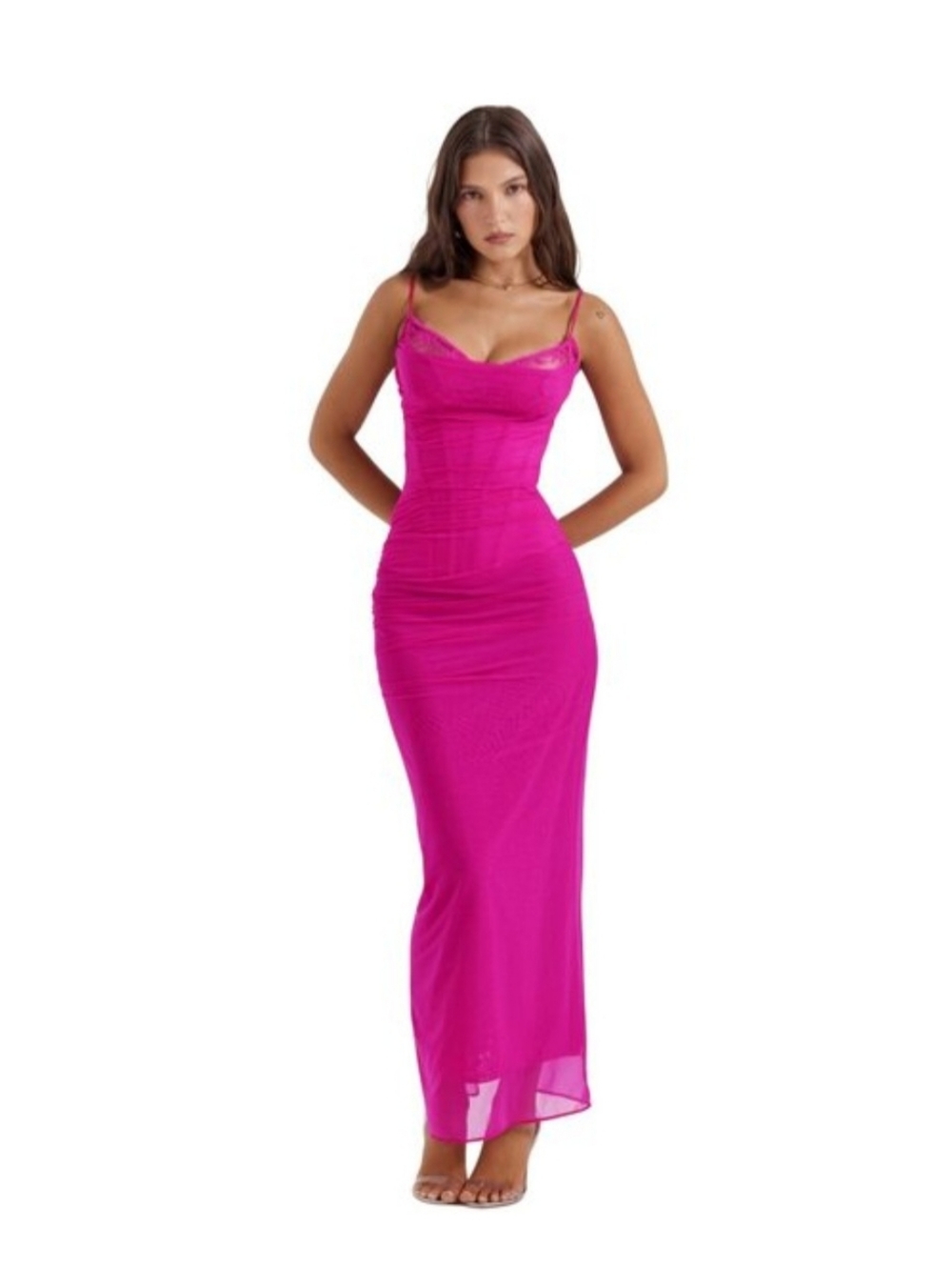 HOUSE OF CB Nalini fuchsia maxi dress Ruched Mesh $239 Medium